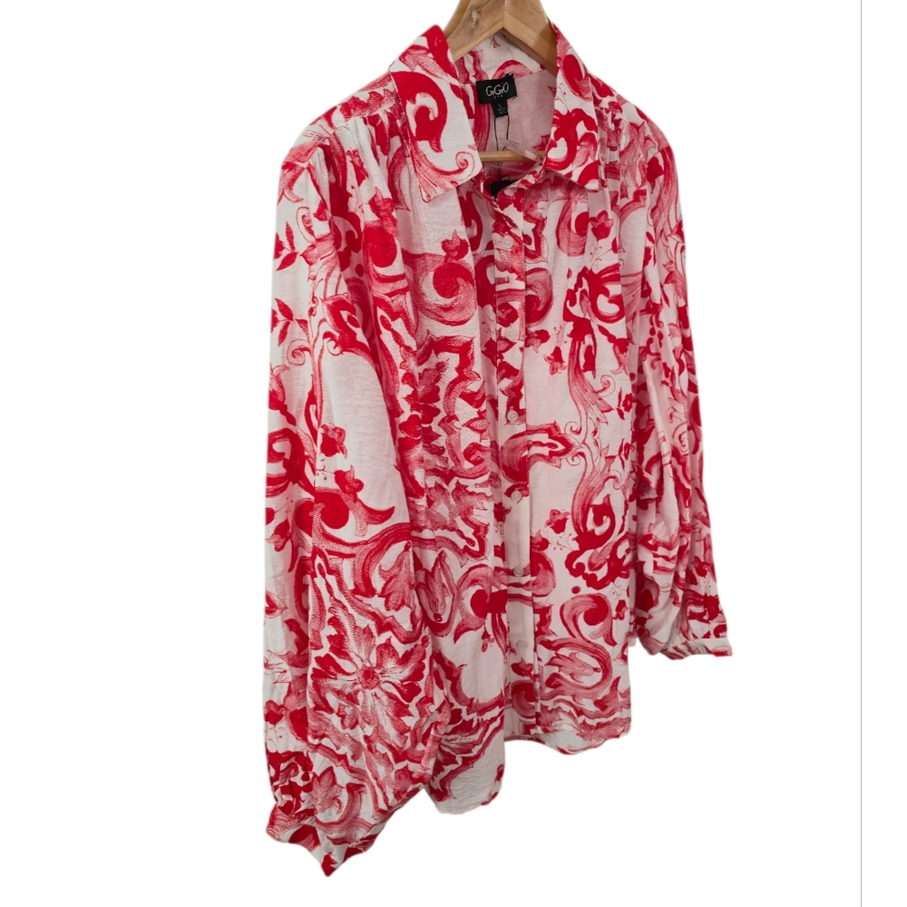 NWT GiGiO USA Vibrant Print Red Oversized Button Front Shirt Size Large - Picture 4 of 16